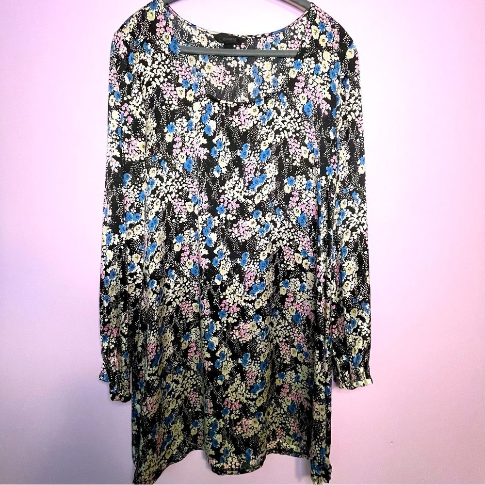 Vintage Express Slip Dress Long Sleeves Black Blue Ditsy Floral Y2K Large